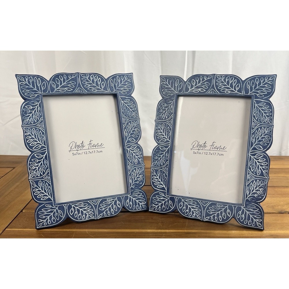 Pair of New View 5x7 Picture Frames Blue with Scandanavian Leaf Design NEW